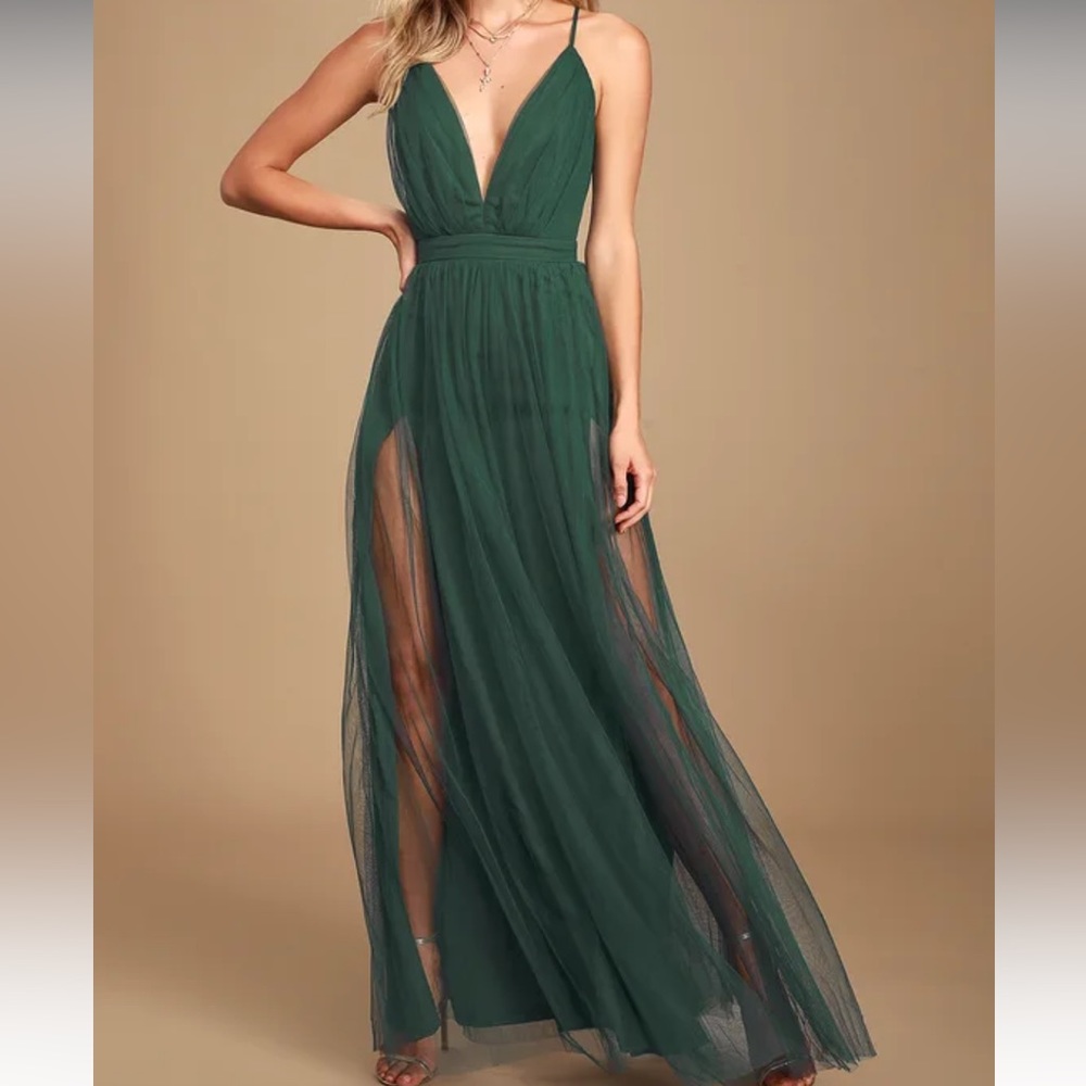Rare Beauty Hunter Green Tulle Backless Maxi Dress